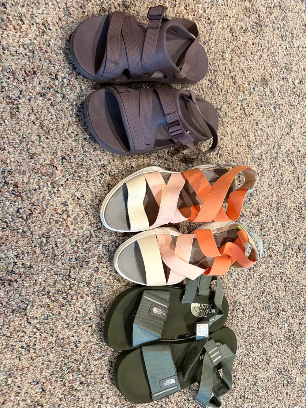 Sorel, Chaco, and NorthFace women's Strappy Multicolor Sandals